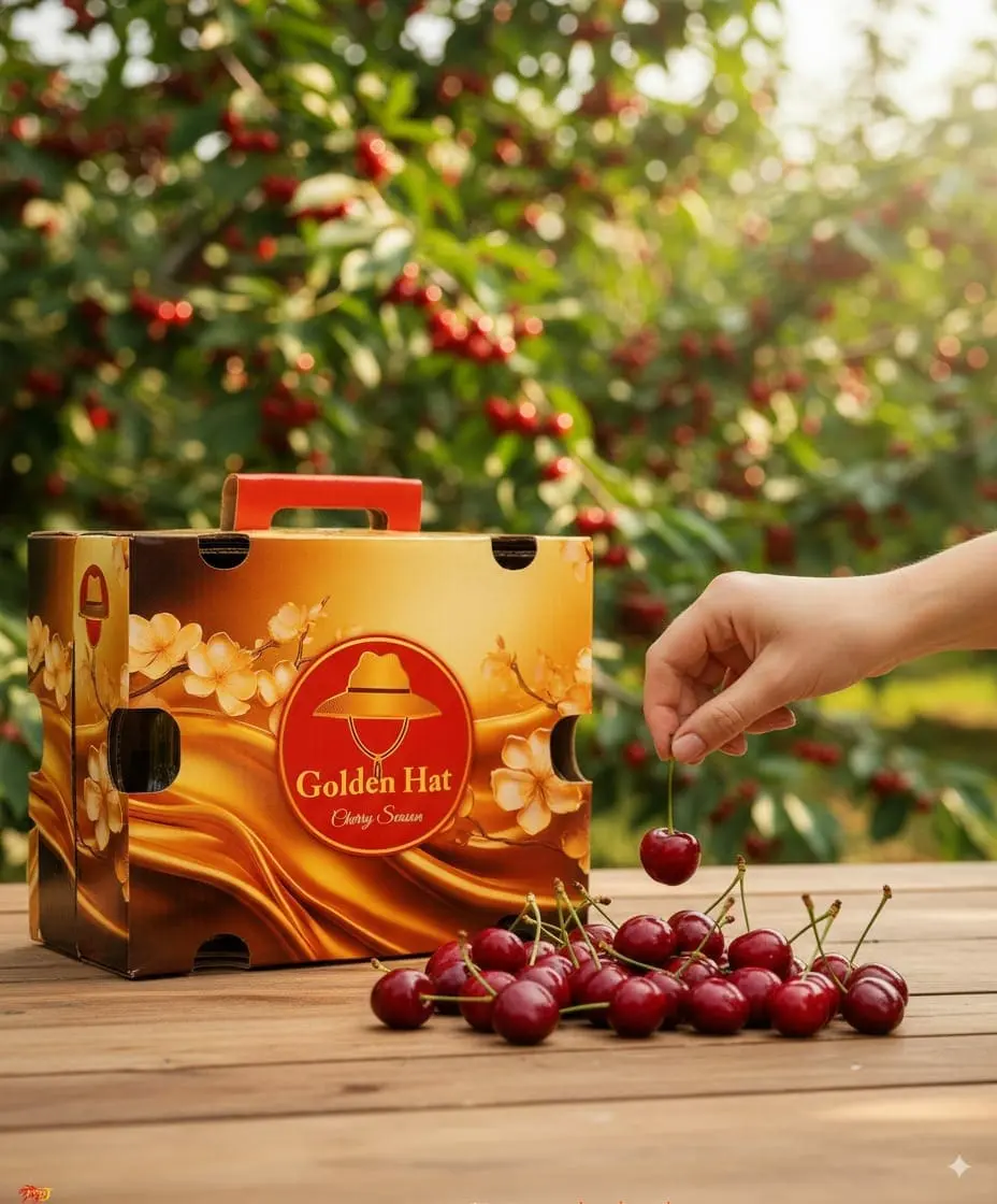 Golden Hat box with cherries in the orchard
